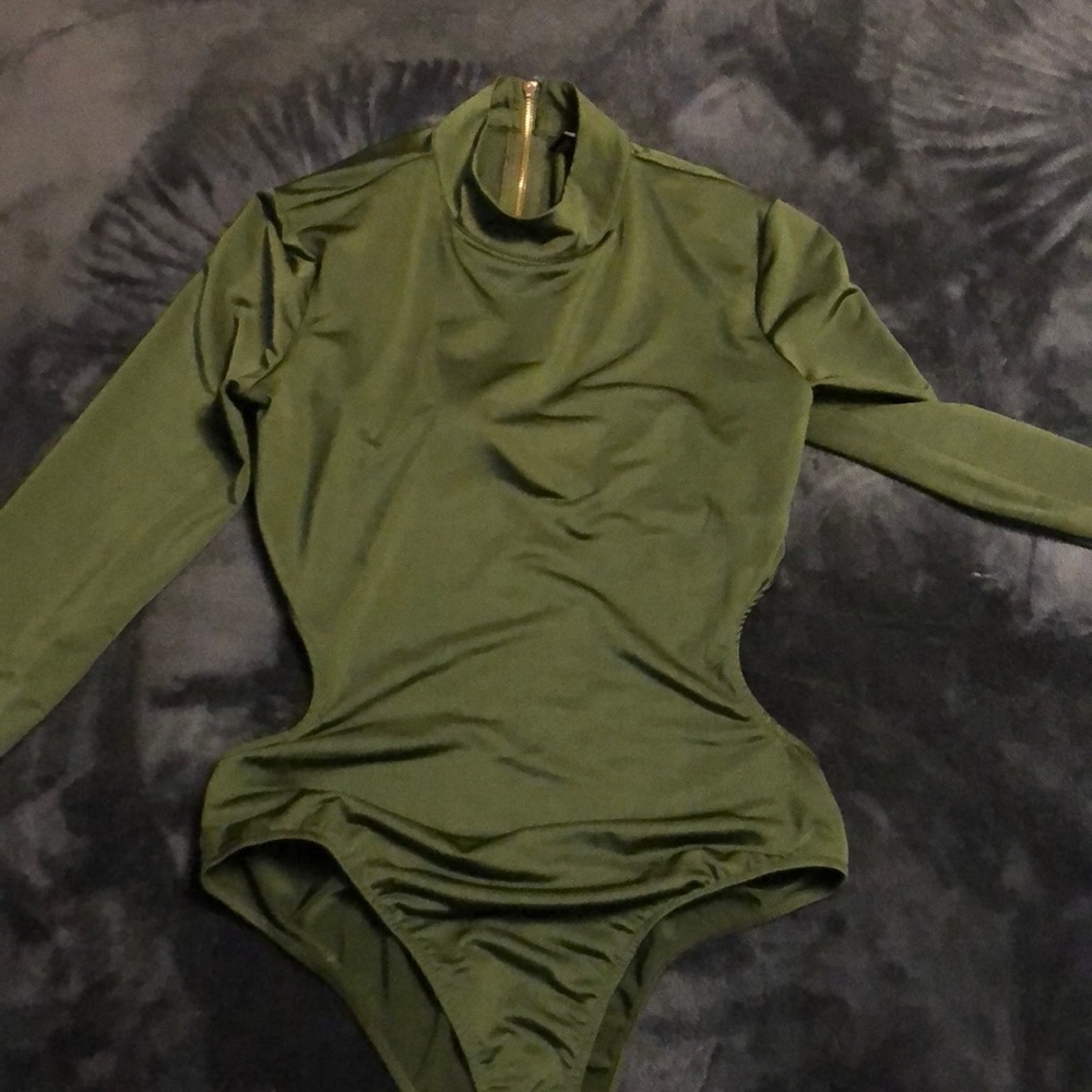 Shiny army green body suit